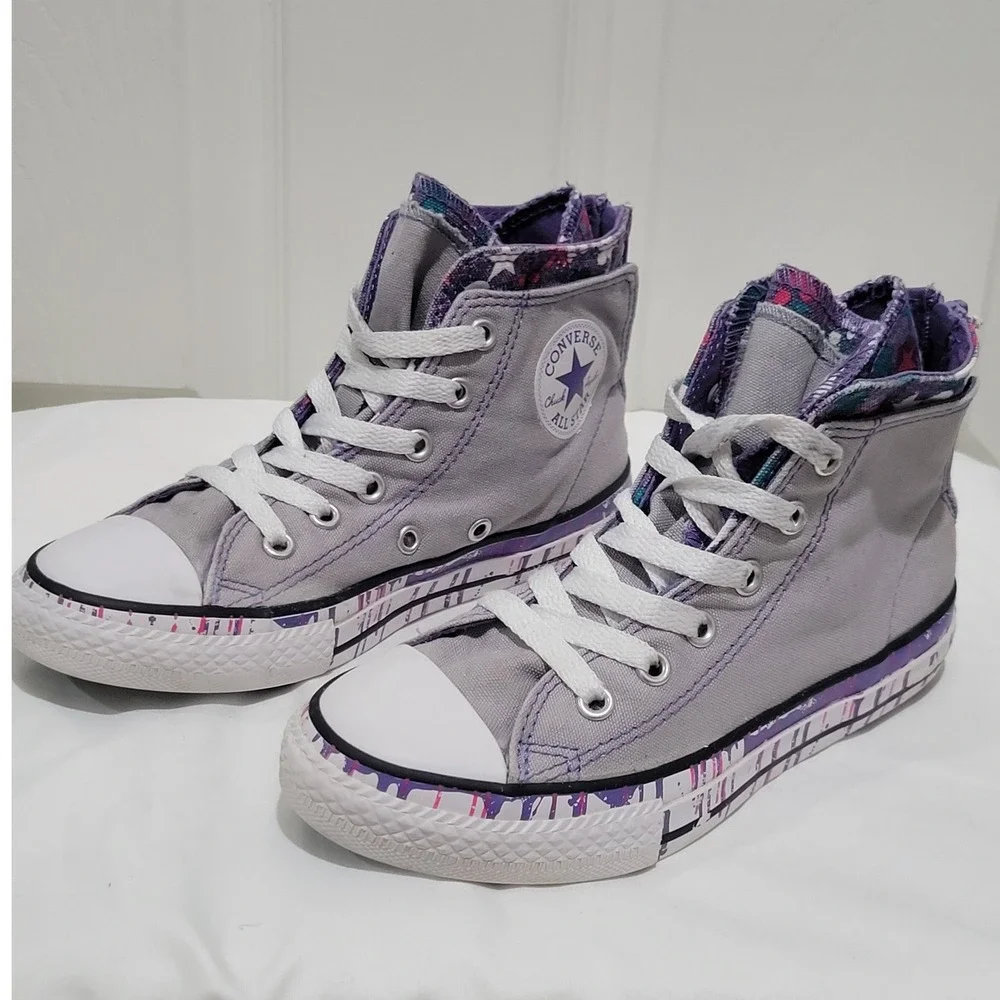 Converse Chuck Taylor All Star Kid 1 Gray Purple Paint Drip Zip High Top Sneaker